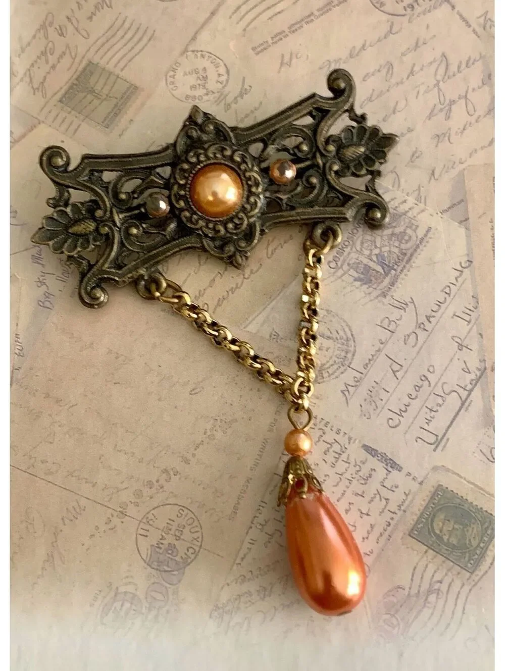 Vintage Elegant Antique Style Brooch with Dangling Pearl Charm